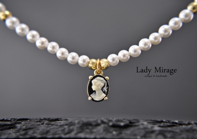 925 Silber - Klassische Perlenkette - Kamee - Zeitlos - Gold - Perlen Halskette - Choker - Damen - Vintage - Handmade - Geschenk für Sie